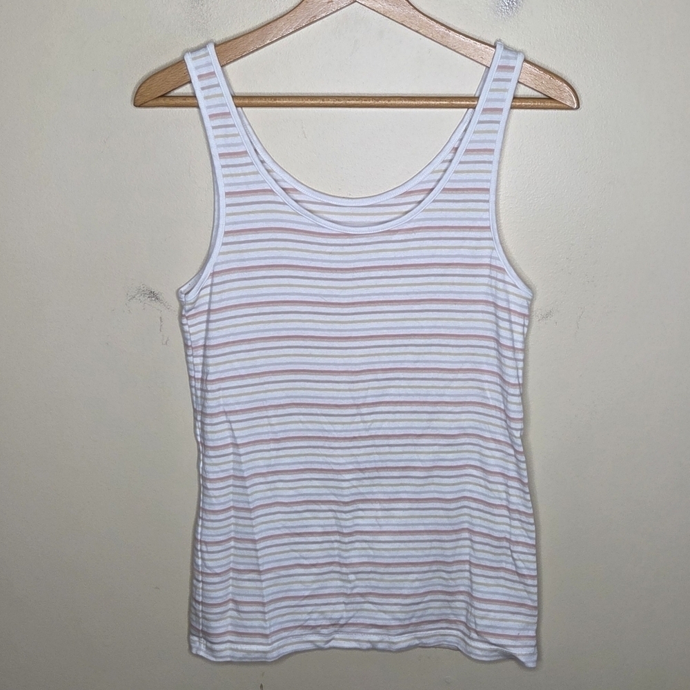A New Day White Pink Beige Mustard Striped Scoop Neck Tank Top Size XL